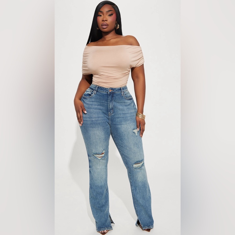 Fashion Nova “Baddest One Around” Medium Wash Distressed Boot Leg Jeans